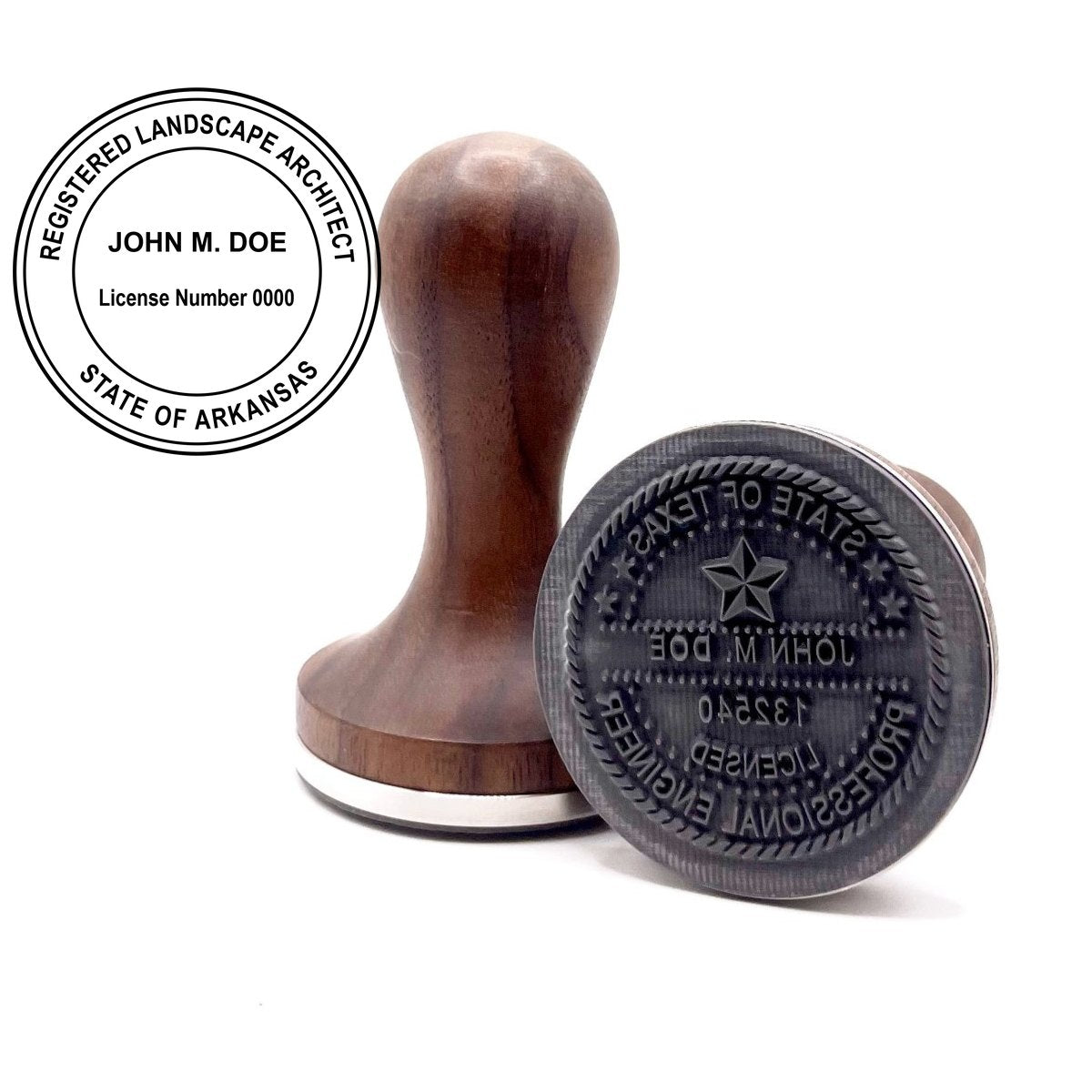 Arkansas landscape architect stamp with round hardwood handle and a sample Arkansas landscape architect seal impression