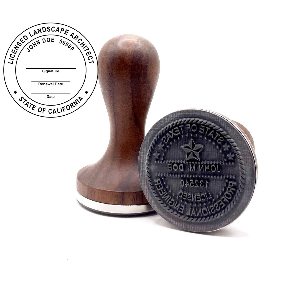 California landscape architect stamp with round hardwood handle and a sample California landscape architect seal impression