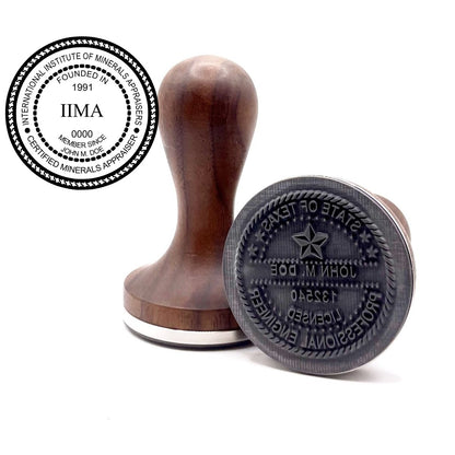 Certified Minerals Appraiser stamp with round hardwood handle and a sample certified minerals appraiser seal impression