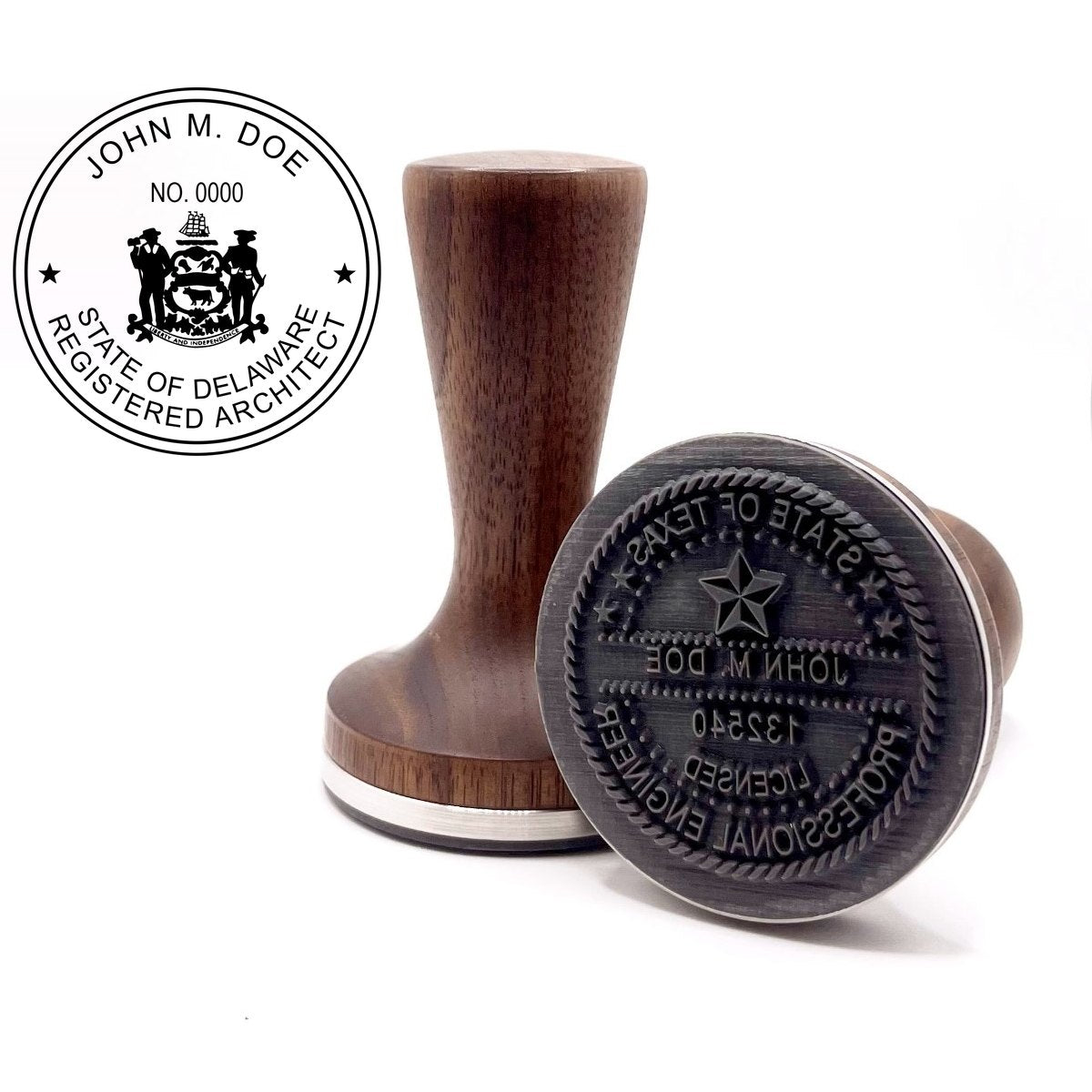 Delaware architect stamp with flat hardwood handle and a sample Delaware architect seal impression