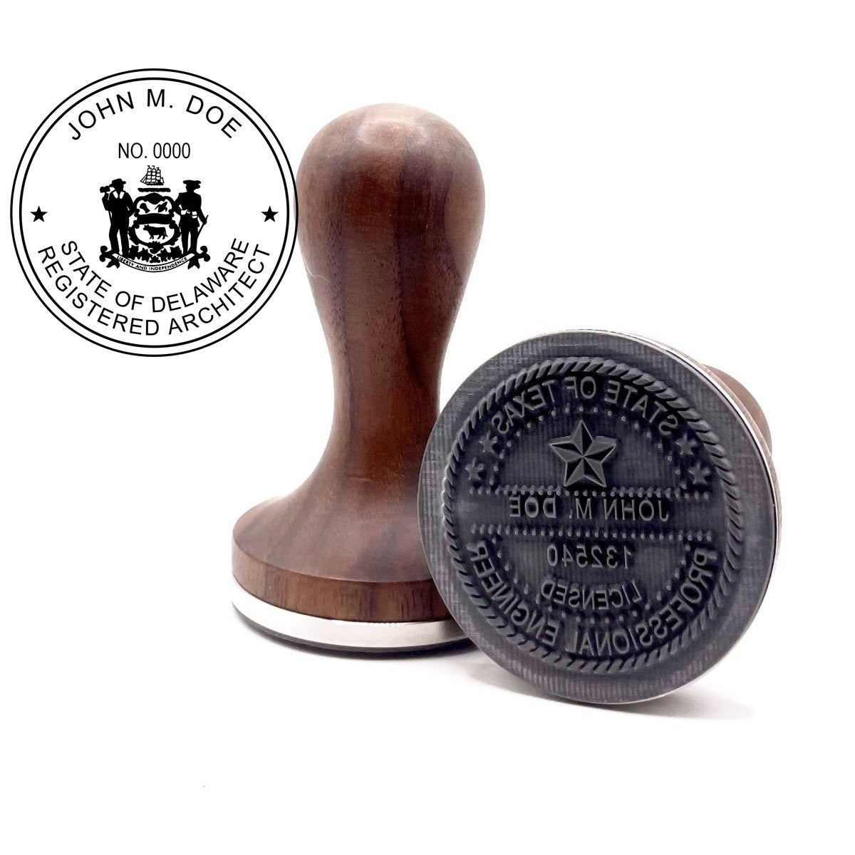 Delaware architect stamp with round hardwood handle and a sample Delaware architect seal impression