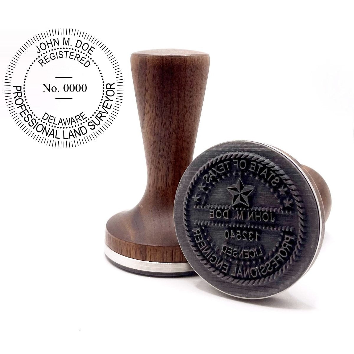 Delaware land surveyor stamp with flat hardwood handle and a sample Delaware land surveyor seal impression