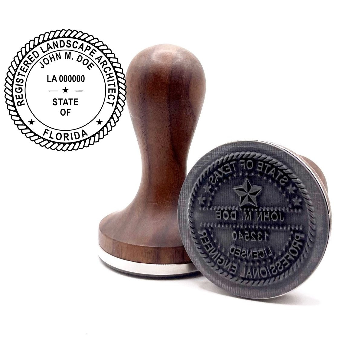 Florida landscape architect stamp with round hardwood handle and a sample Florida landscape architect seal impression