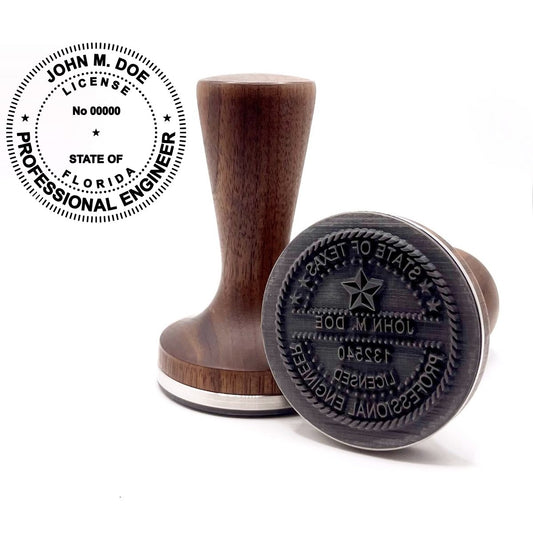 Florida professional engineer (PE) stamp with flat hardwood handle and a sample Florida professional engineer seal impression
