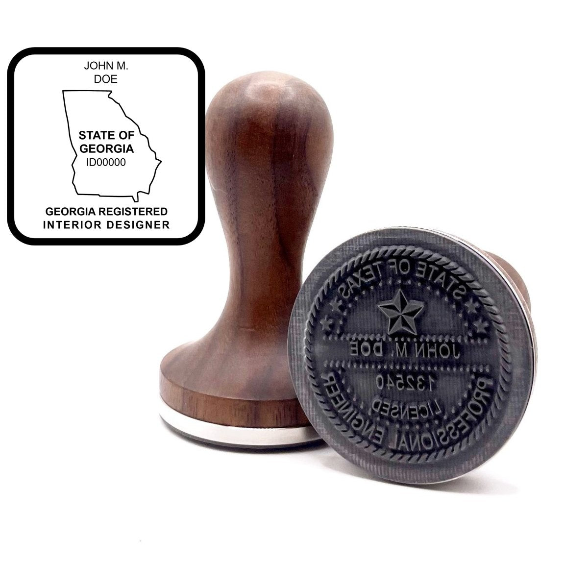 Georgia interior designer stamp with round hardwood handle and a sample Georgia interior designer seal impression