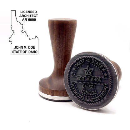 Idaho architect stamp with flat hardwood handle and a sample Idaho architect seal impression
