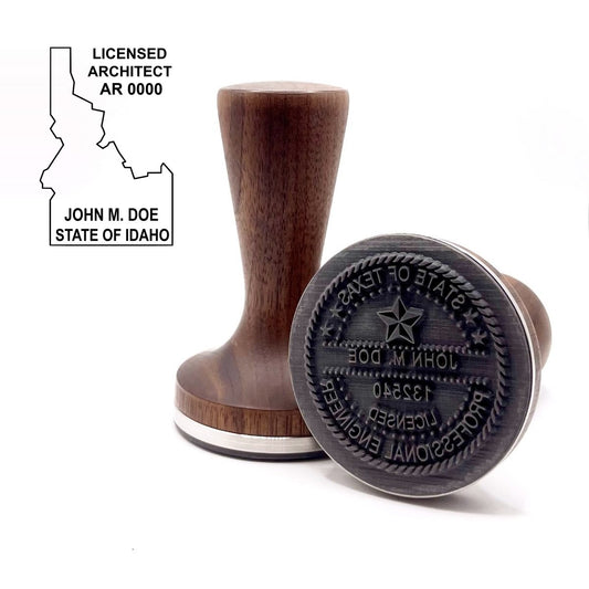 Idaho architect stamp with flat hardwood handle and a sample Idaho architect seal impression