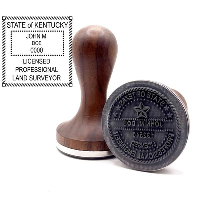 Kentucky land surveyor stamp with round hardwood handle and a sample Kentucky land surveyor seal impression