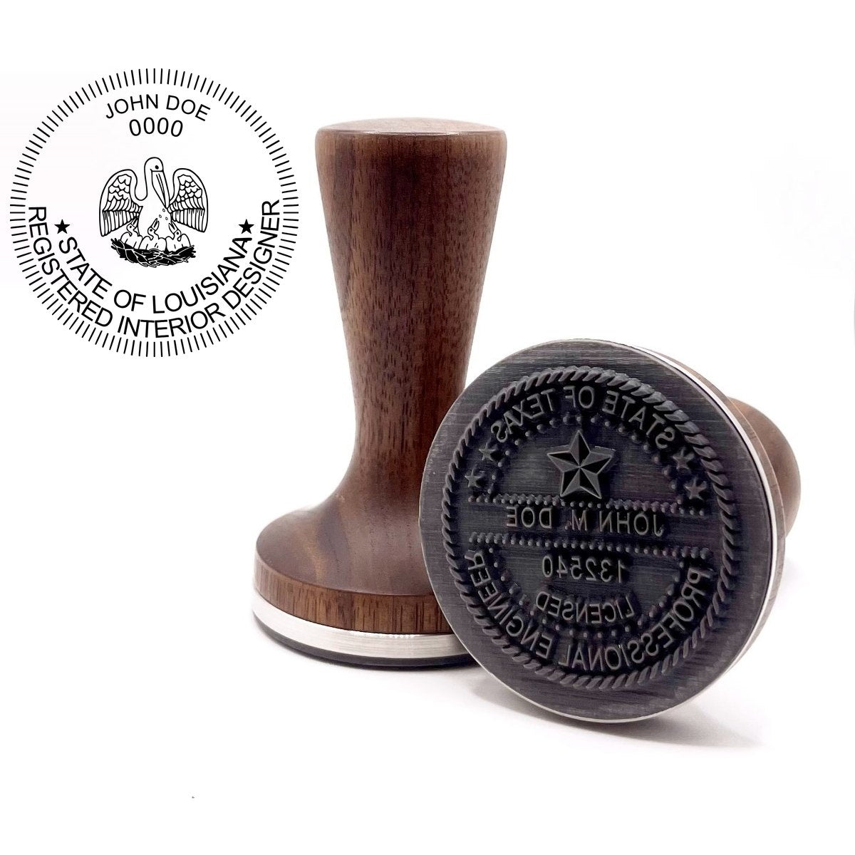 Louisiana interior designer stamp with flat hardwood handle and a sample Louisiana interior designer seal impression