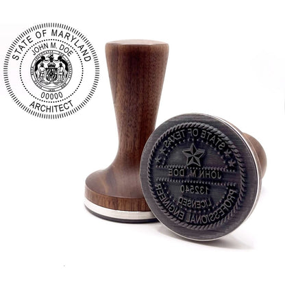Maryland architect stamp with flat hardwood handle and a sample Maryland architect seal impression