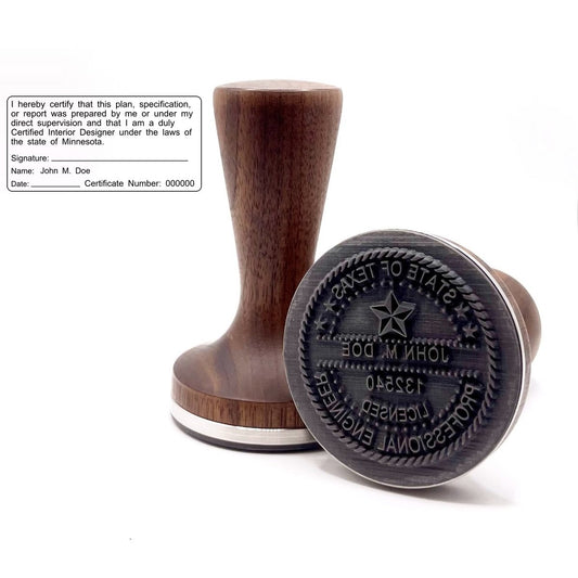 Minnesota interior designer stamp with flat hardwood handle and a sample Minnesota interior designer seal impression