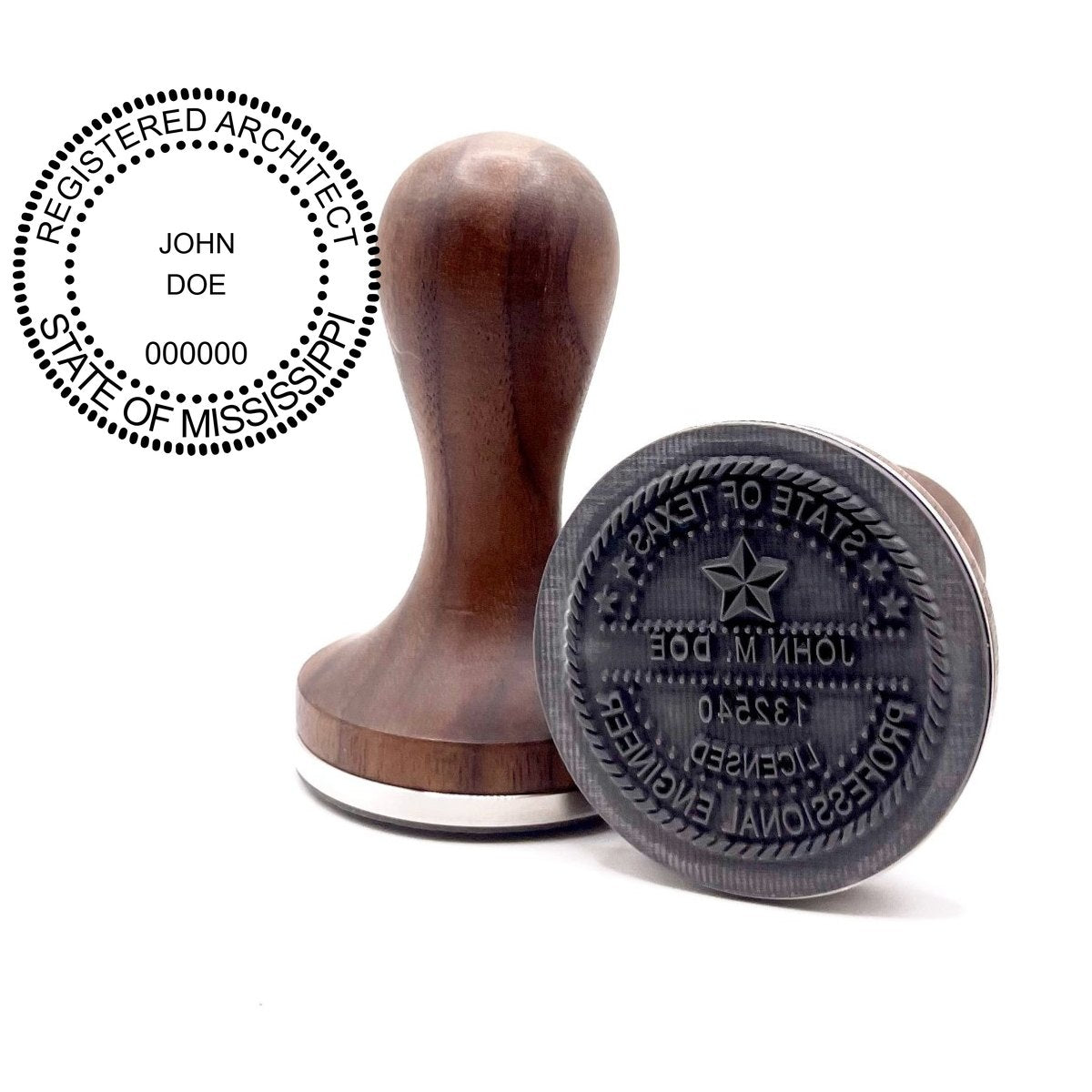 Mississippi architect stamp with round hardwood handle and a sample Mississippi architect seal impression