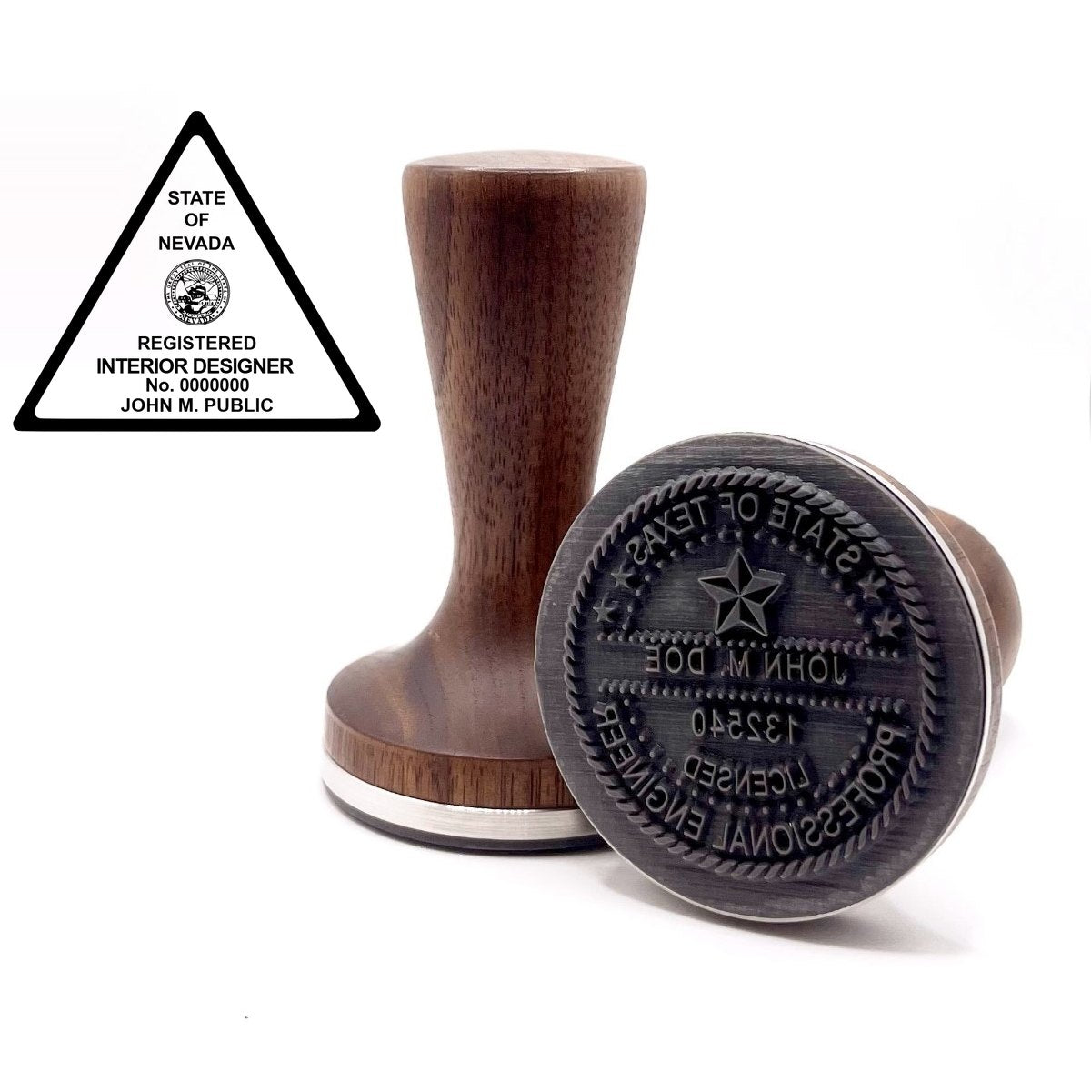 Nevada interior designer stamp with flat hardwood handle and a sample Nevada interior designer seal impression