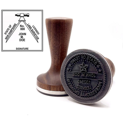 New Hampshire land surveyor stamp with flat hardwood handle and a sample New Hampshire land surveyor seal impression