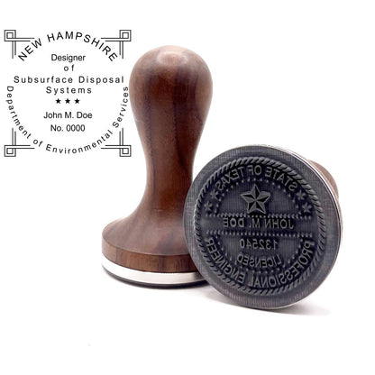 New Hampshire Subsurface Disposal System Designer stamp with round hardwood handle and a sample new hampshire subsurface disposal system designer seal impression