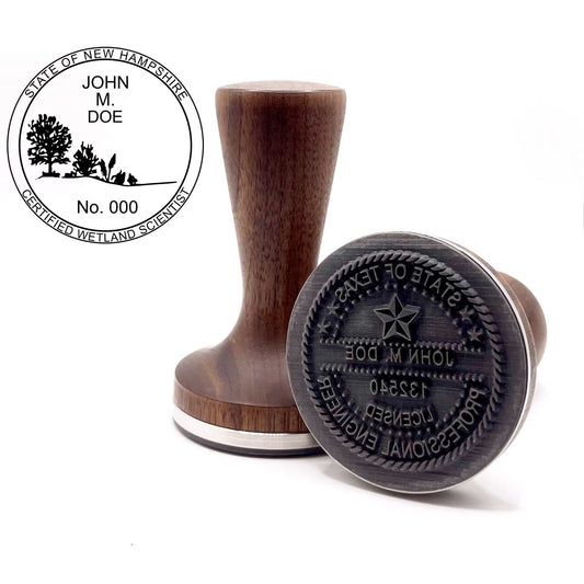 New Hampshire Certified Wetland Scientist stamp with flat hardwood handle and a sample new hampshire certified wetland scientist seal impression