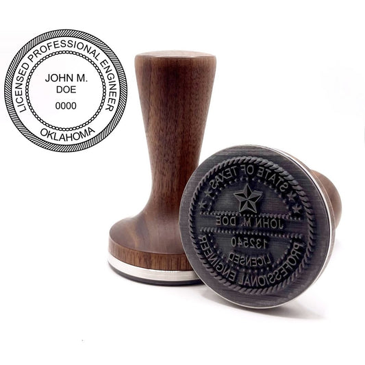 Oklahoma professional engineer (PE) stamp with flat hardwood handle and a sample Oklahoma professional engineer seal impression