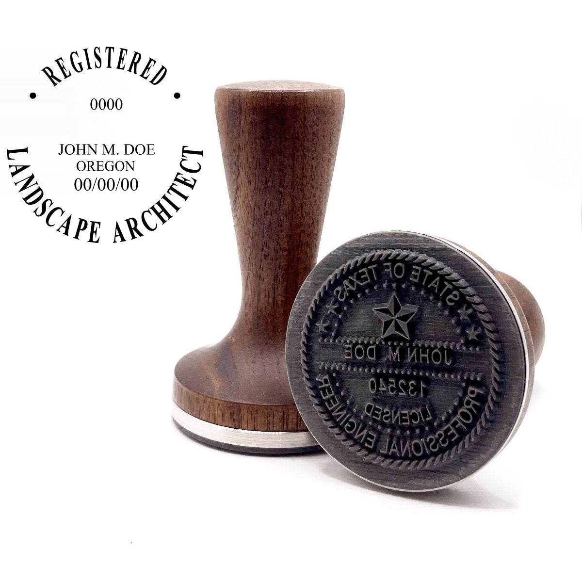 Oregon landscape architect stamp with flat hardwood handle and a sample Oregon landscape architect seal impression