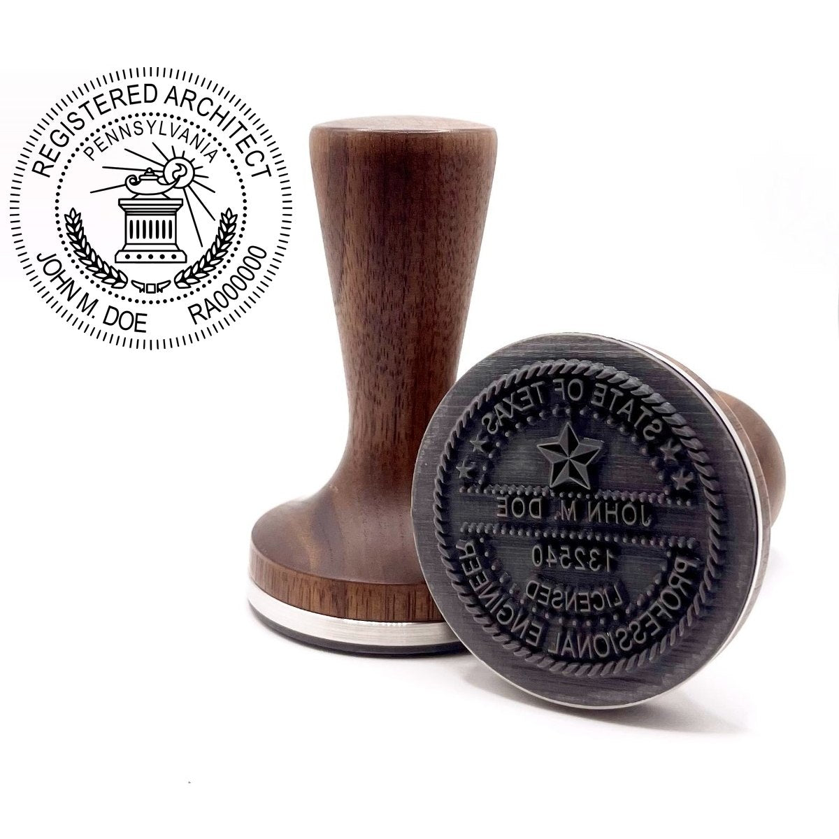 Pennsylvania architect stamp with flat hardwood handle and a sample Pennsylvania architect seal impression