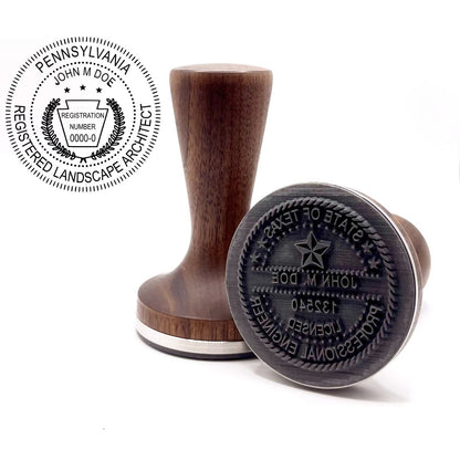 Pennsylvania landscape architect stamp with flat hardwood handle and a sample Pennsylvania landscape architect seal impression