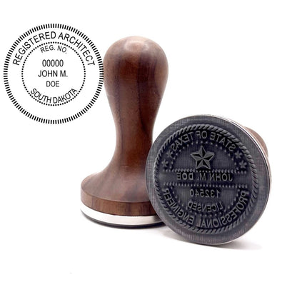 South Dakota architect stamp with round hardwood handle and a sample South Dakota architect seal impression