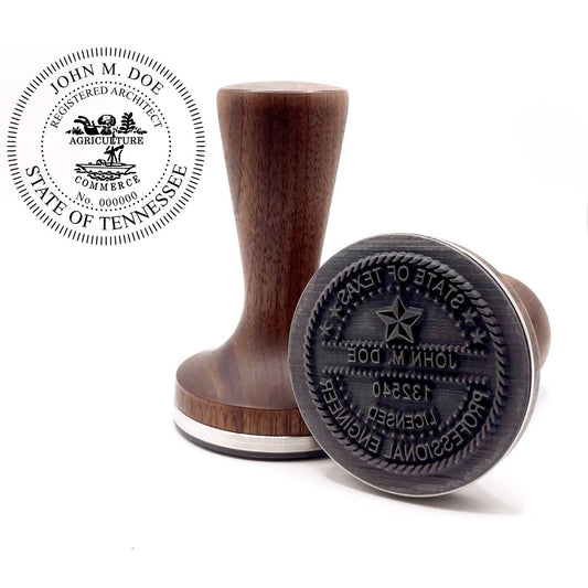 Tennessee architect stamp with flat hardwood handle and a sample Tennessee architect seal impression