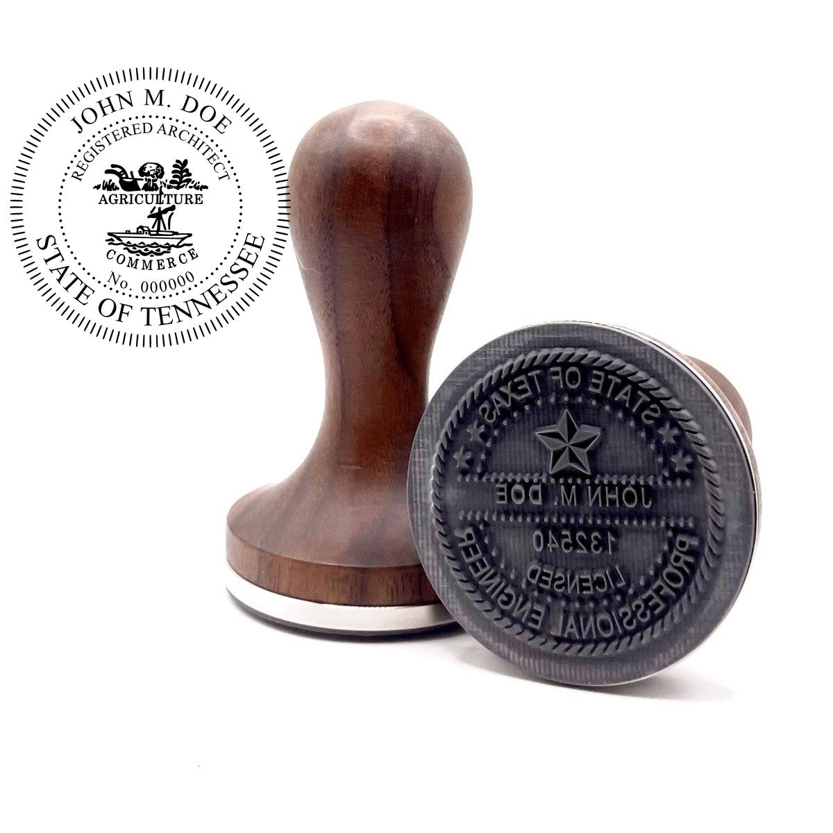 Tennessee architect stamp with round hardwood handle and a sample Tennessee architect seal impression
