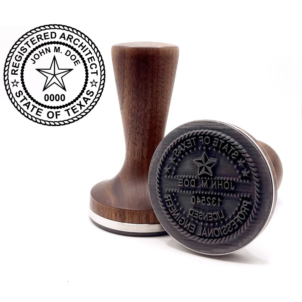 Texas architect stamp with flat hardwood handle and a sample Texas architect seal impression