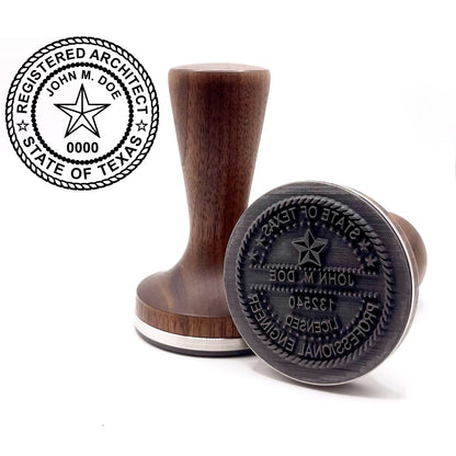 Texas architect stamp with flat hardwood handle and a sample Texas architect seal impression