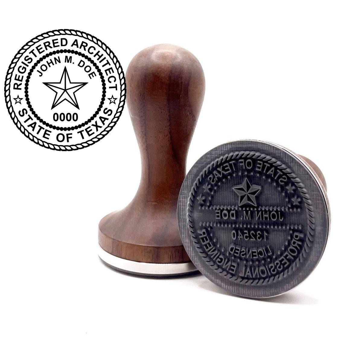 Texas architect stamp with round hardwood handle and a sample Texas architect seal impression