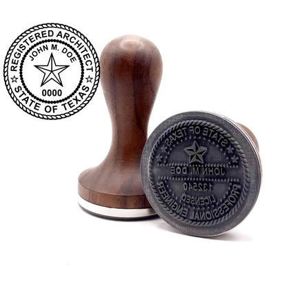 Texas architect stamp with round hardwood handle and a sample Texas architect seal impression