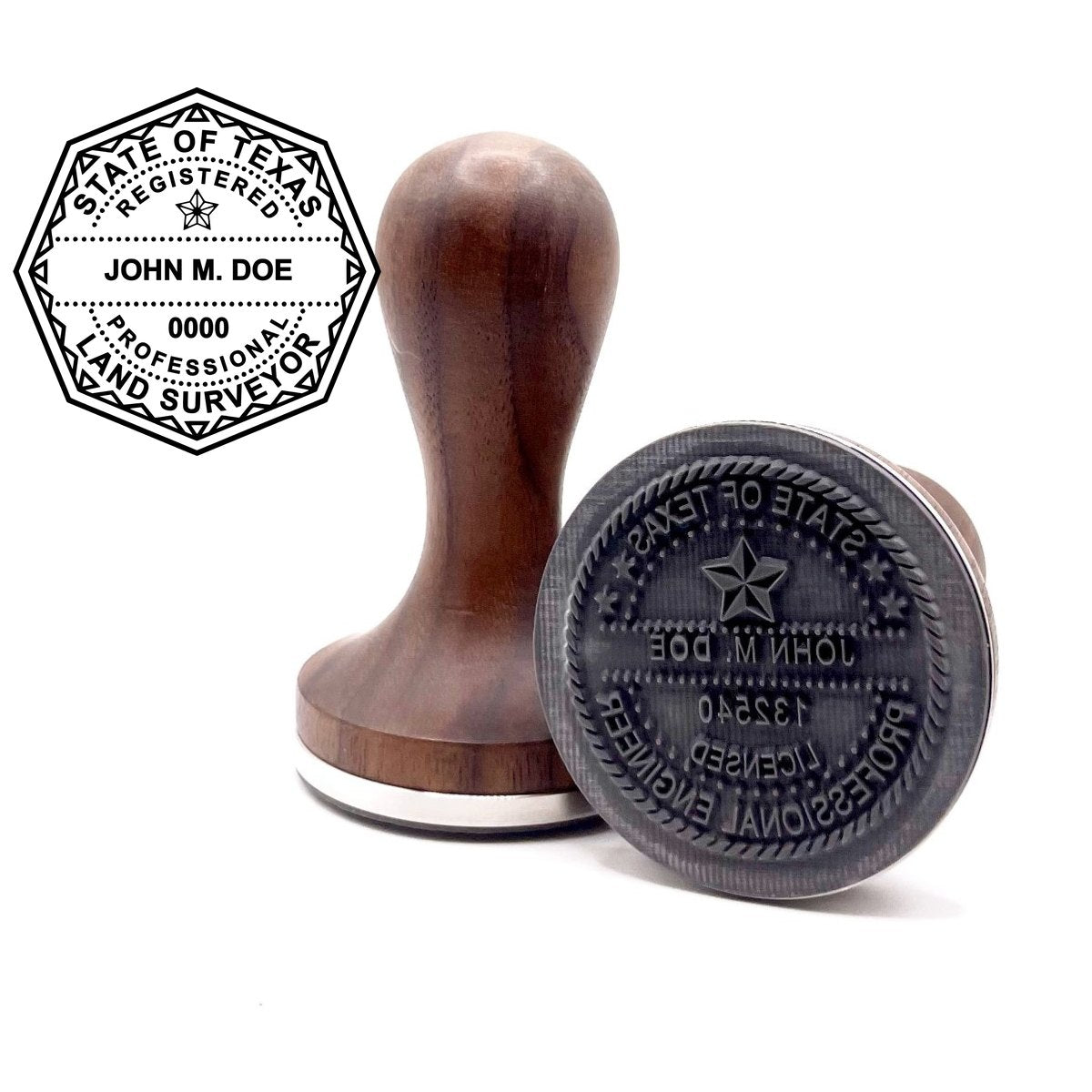 Texas land surveyor stamp with round hardwood handle and a sample Texas land surveyor seal impression