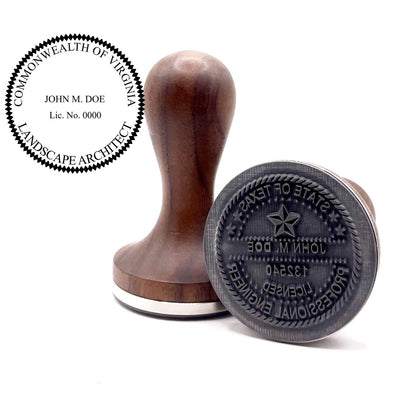 Virginia landscape architect stamp with round hardwood handle and a sample Virginia landscape architect seal impression