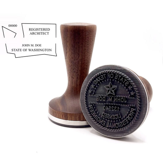 Washington architect stamp with flat hardwood handle and a sample Washington architect seal impression