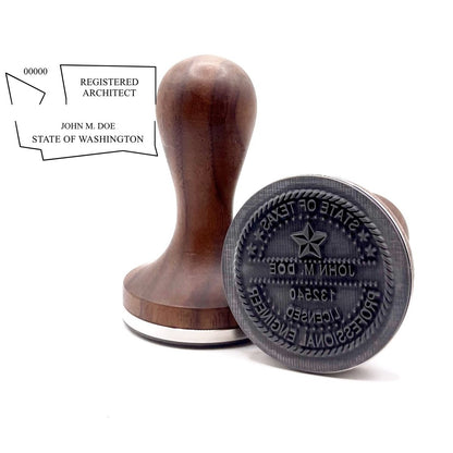 Washington architect stamp with round hardwood handle and a sample Washington architect seal impression