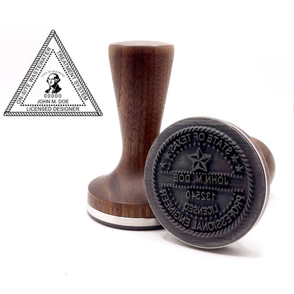 Washington On-Site Wastewater Treatment System Designer stamp with flat hardwood handle and a sample washington on-site wastewater treatment system designer seal impression