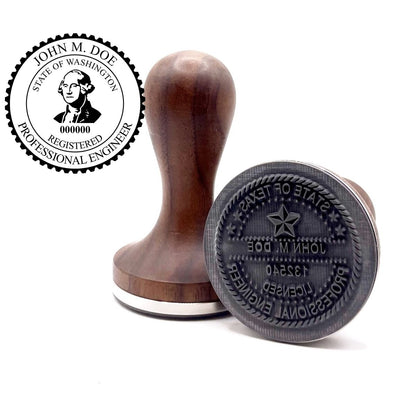 Washington professional engineer (PE) stamp with round hardwood handle and a sample Washington professional engineer seal impression