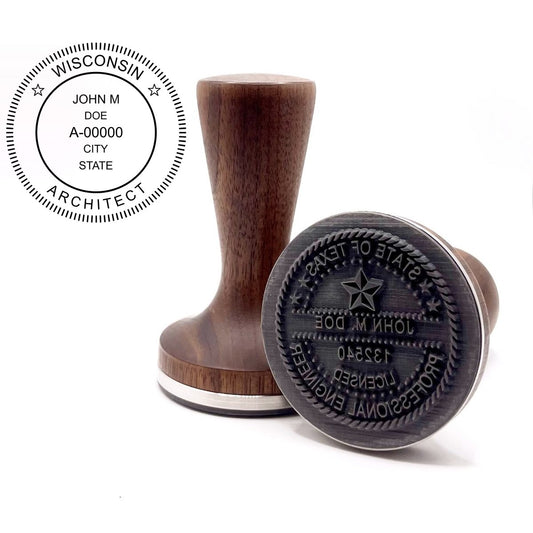 Wisconsin architect stamp with flat hardwood handle and a sample Wisconsin architect seal impression